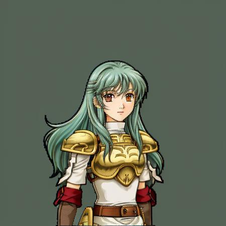 Cavalier, 1girl, solo, simple background, green background, long hair, armor, black hair, belt, breastplate, orange eyes, shoulder armor, sidelocks, gloves, brown eyes, looking at viewer, upper body, Astrid (Fire Emblem), Astrid (Fire Emblem: Path of Radiance), Astrid (Fire Emblem: Radiant Dawn), Halfbody, Tellius-Style, FE9-Style, Vanilla Fire Emblem, No Frames, <lora:FE9 v5 Thick:1>