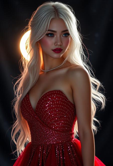 Conduct a high-resolution photo shoot capturing the 'Eclipse Girl,' a stunning 20-year-old with ethereal beauty and mystery. Her radiant silver hair frames a flawless, glowing face, adorned with eclipse-like eyes and a soft, enigmatic smile. She wears a shimmering celestial gown that catches the studio light beautifully. The studio backdrop echoes a starlit night sky, with a dark, textured finish and twinkling lights. Employ softbox lighting to gently illuminate her features, enhanced by colored accent lights that create a subtle auroral halo around her. Her graceful pose, with one arm extended, commands attention, while delicate silver moon jewelry adds to her celestial character. This stunning 16k ultra-detailed image showcases her enchanting allure and the fantasy elements that define her world., red dress , donghua_clothes, sexy_donghua