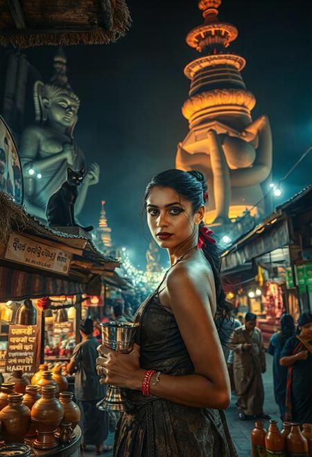 Setting is ancient Indian street market at night, ((all writing is in Indian)), ((all lighting is by candles, and flame torches,  the market is comprised of street vendors selling food, weapons, and clothing. People wearing Ancient Indian clothing are walking through the street market shopping and eating, A sleek black cat with red collar sits on a nearby wooden roof at a market kiosk. Behind the a kiosk counter are clay containers of Indian beer, (((a beautiful woman, 24 years old, is standing in the foreground facing the viewer with a metal goblet of beer in her hand. Her eyes are beautiful and focused on the viewer, she has an expression of interested curiosity))), the woman is dressed in Ancient Indian style clothing combining a sexy and classic Ancient Indian aesthetic. Enormous Ancient Indian statues and temples are visible in the background and around the scene and smaller statues and Ancient Indian architecture is prevalent in the market, The woman's hair is elegantly tied up with a ribbon. Artistic Ancient Indian aesthetic, dynamic perspective, (((overall architectural aesthetic is Ancient Indian))).  Epic image that elicits a feeling of wonder and awe,