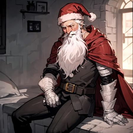 detailed, solo,sitting, smile, winter, santa claus,beard, gray-haired, cloak,  Gael, <lora:Gael:0.8>