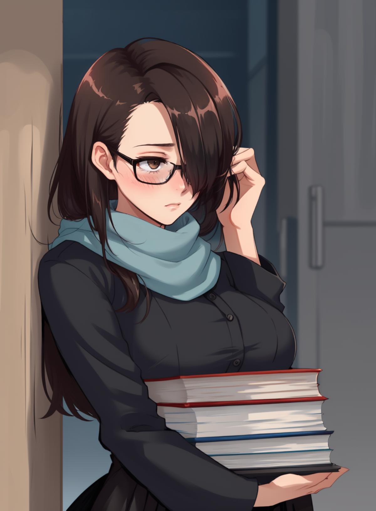 An anime girl with glasses and a scarf is holding a stack of books.