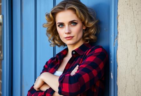 An image of a woman with fair skin and natural, wavy hair styled in soft curls around her face. She has defined eyebrows and light-colored eyes that draw attention. She's dressed in a red and navy plaid shirt with the top unbuttoned to show a white undershirt, and the sleeves rolled up to the forearms. The woman is casually leaning against a weathered blue door frame with peeling paint, adding a rustic charm to the scene. Her arms are crossed or resting in front of her, and she has a soft, contemplative expression on her face.