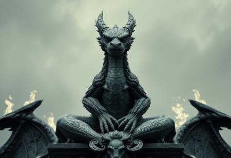Create a high-quality, photorealistic portrait of a grizzled, flat grey dragon sitting cross-legged on a statue of the wicked, surrounded by skyfire. The dragon should have a smug grin, a small straight nose, and intricate details. Incorporate cinematic lighting with a symmetrical balance. The output should be a beautiful, detailed image with a size difference between the dragon and the statue, showcasing the dragon's power. Use artist Maiko's style as a reference, with a professional photo quality akin to Kodak. Incorporate Octane render and HD film grain for a cinematic feel. The final image should be in black and white, with a focus on intricate details and a sense of pure imagination.