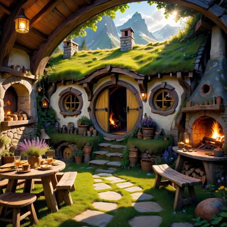 <Dreamyvibes artstyle SDXL - Trigger with dreamyvibes artstyle:1>,Round oak door, groaning open, warm swirl light and scent, hobbit hole, burrowed into hill, contented badger, low beamed ceilings, carved smooth polished wood, drying herbs, fragrant onions, fire crackle cobblestone hearth, dancing shadows rounded walls, smoke tickle edges plump armchairs, upholstered rich velvets, cushions sunken weight countless cozy evenings, sunlight stream circular window, illuminate table groaning weight feast fit for dragon's hoard, honey cakes piled high, glistening sticky glaze, nestle platters roasted mushrooms, plump sausages sizzling own fat, freshly baked bread, still warm oven, await slicing brimming jug blackberry wine, deep purple hues catching firelight, air vibrate gentle hum conversation, punctuated rhythmic clinking spoons pottery mugs, hobbits, furry feet tucked beneath table, exchange tales mischievous encounters trolls, whisper stories forgotten treasures hidden deep within Shire, laughter bubble up like froth mugs, chase away any hint chill air linger near stone walls, corner, tucked away nook like squirrel's den, old hobbit twinkling eyes strum lute, gentle melody weave through conversation, create tapestry sound and laughter, scent pipeweed smoke, fragrant sweet, mingle aroma honey and roasted potatoes, fill hobbit hole unmistakable comfort home, haven, carved into earth, time seem slow, worries melt away like butter on hot scone, world outside, worries and troubles, wait, inside hobbit hole, only warmth, laughter, simple joy shared stories meal enjoyed good company, sanctuary, refuge, place where hearts grow full, worries dwindle to wisps smoke in chimney, <add-detail-xl:1>