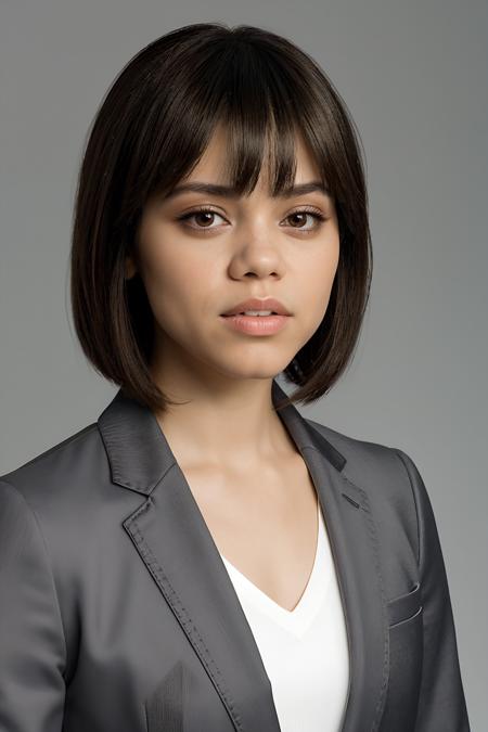 jenna orterga, jenna_ortega_v4 wearing pants suit, skinny, bangs, 
gray pants suit, 
head shot, close up, upper body, simple solid background, mid-twenty, age:21, 21 year old, portrait, 
<lora:Jenna_Ortega_V2:0.7>,