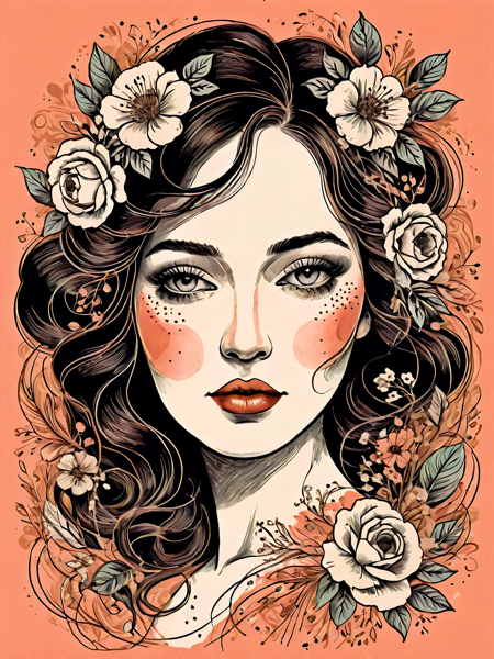 vintage illustration, woman, wedding card invitation, floral line drawings, limited color palette, classic illustration style