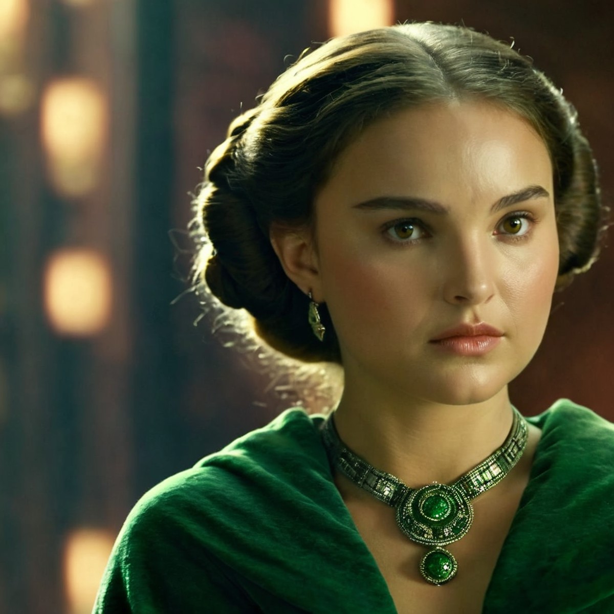 cinematic film still of  <lora:Padme Amidala:1.2>
Padme Amidala a woman in a green robe and a necklace In Star Wars Univer...