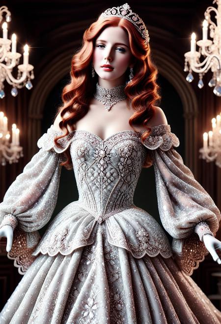 diamondMW, countless diamonds,  Realism_Quality_2xx_By_Stable_Yogi, (masterpiece), (illustration), (castle), (pale skin), (grace lady), jewelry-tiara, //ruby_deep-orange hair, long_wavy hair//, //shiny-green eyes//, nose, (shiny lip), closed mouth, (huge breasts:0.8), //gray long lace dress//, //white garter, elbow gloves, royal_cape//, looking at viewer, standing, close-up, <lora:conceptSceneryScene_v10:0.7>, add-detail-xl, <lora:add_detail:1>, coralbugXL, <lora:coralbugXL:1.4>, deepdarkocean,  censored, puffy sleeves, closed dress, beautiful high-neck top, fully dressed, <lora:NadineXL:1>, <lora:AzaleaXL2:1>, AzaleaXL2, NadineXL, bandit.