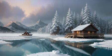 A frozen tundra with a cabin on a lake, romantic impressionism, dream scenery art, beautiful oil matte painting, romantic, beautiful digital painting, anime landscape, romantic painting, dreamlike digital painting, colorful painting, thick brushstrokes characteristic, rough stroke,  beautiful gorgeous digital art, style Karol Bok, Brian Froud, Wendy Froud, Guy Davis, Sergio Sandoval