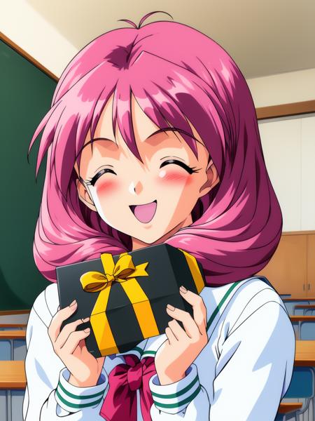 <lora:Shirayuki_Miho_Maho:1>, shirayuki, 1girl, solo, gift, school uniform, closed eyes, blush, holding, holding gift, smile, open mouth, long sleeves, long hair, upper body, 1990s (style), retro artstyle, happy, gift box, class room,
bow, tiemasterpiece, high quality, very_high_resolution, large_filesize, full color,