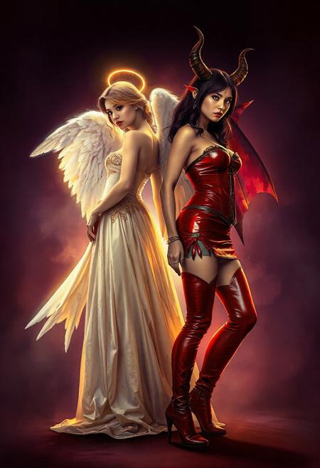 A stylized movie poster featuring an angel and a succubus standing back-to-back. The angel, facing the viewer, wears a flowing ivory gown with gold filigree, a radiant halo, and feathered wings emitting divine light. Her serene beauty is emphasized by soft, celestial glow. The succubus, turned away, exudes temptation—dressed in a glossy red latex corset, thigh-high boots, and a jagged leather skirt. Her smoldering eyes, dark horns, and glowing infernal wings radiate seductive energy. The lighting contrasts virtue and desire, with ethereal gold against moody purples and reds, creating a dramatic, painterly composition.