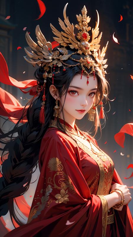 1girl, solo, long hair, petals, falling petals, jewelry, dress, hair ornament, red dress, chinese clothes, black hair, bracelet, long sleeves, red eyes, braid, forehead mark, closed mouth, looking at viewer, facial mark<lora:å¤å éå¸:0.6>,smile,pretty face,exquisite facial features,