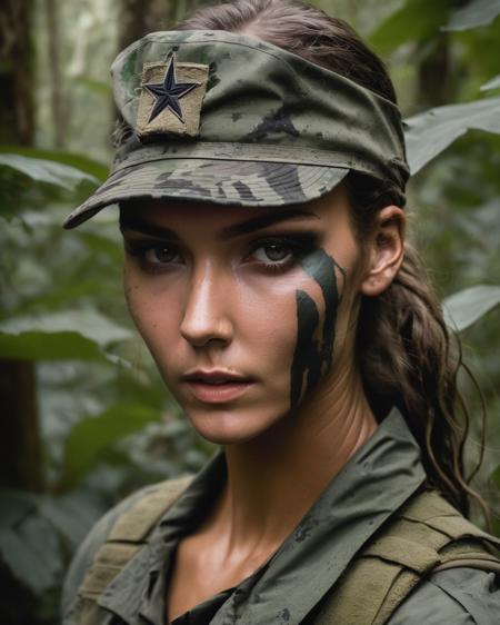 rachel_cook, <lora:RCookXL:1>,us military veteran, ((camouflage face paint, camouflage outfit, dirty, covered in mudd)) , exhausted, ((hiding)) in a dark jungle, 1975, muscular body, (dystopian atmosphere),action movie style,, ((sharp face, detailed face, realistic face, naturtal skin, realistic skin, detailed skin, pores, detailed eyes,realistic eyes)),