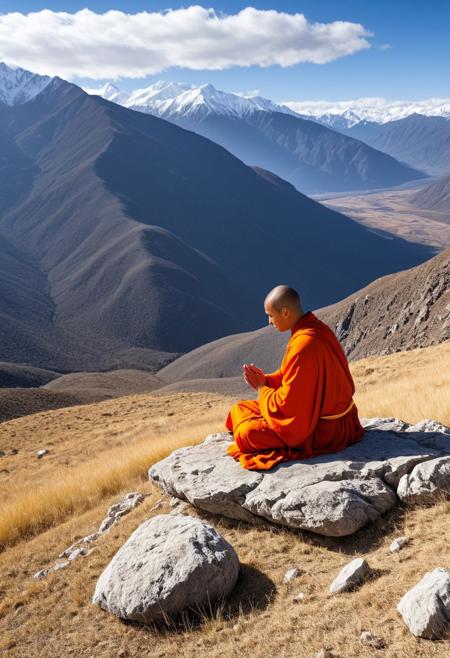 monk seated on a rock outcropping, The monk is dressed in bright orange and red robes, his head turned slightly to the left as he faces the camera, his hands clasped in a prayer-like gesture. He sits cross-legged on the rocky surface that occupies the foreground of the image. The middle of the field presents a terrain of dry grass and scattered shrubs, leading towards a deep valley. In the background, a superb panorama of mountain ranges is revealed, further away, mountains creating an impression of depth and immensity. The highest peaks are snow-capped and display a brilliant white color which contrasts strongly with the clear and deep blue with some white clouds