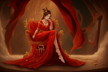 gufeng, 1girl, dress, sitting, red dress, barefoot, solo, jewelry, anklet, indoors, brown hair, throne, hair ornament <lora:gufeng-000014:0.8>