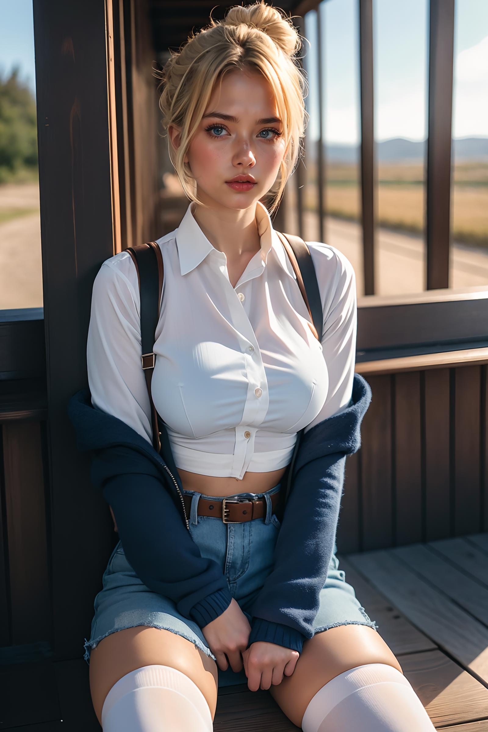 Blonde Woman in White Shirt and Blue Jeans with a Purse on Her Shoulder.