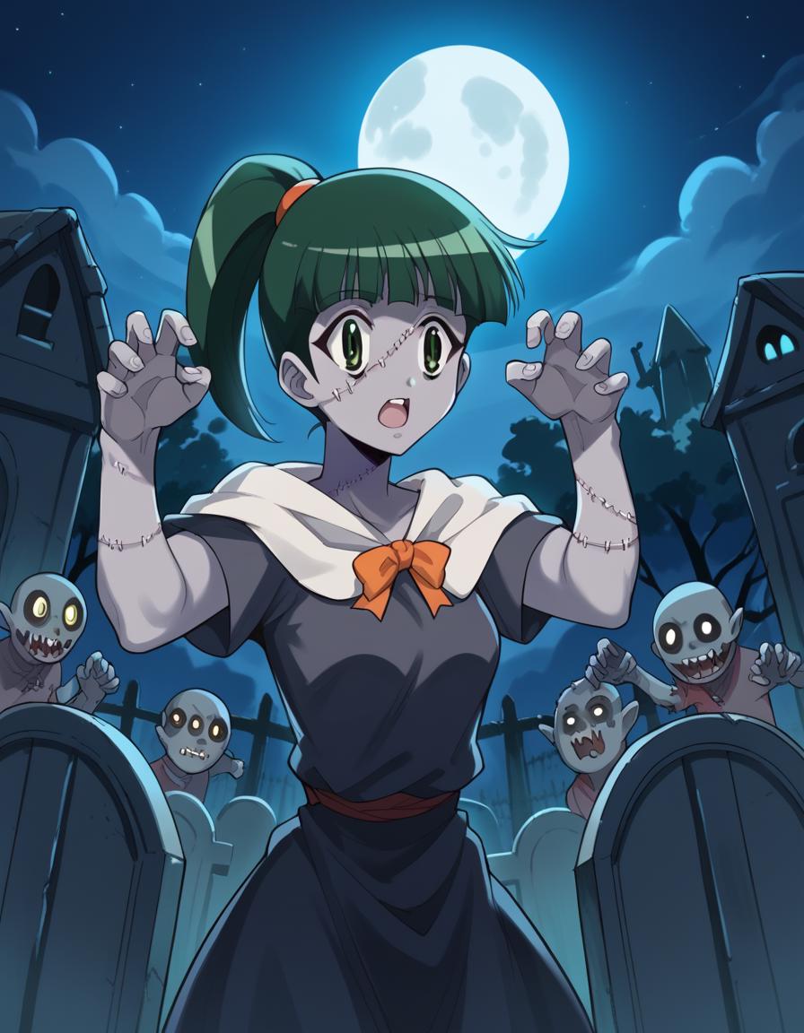 score_9, score_8_up, score_7_up, source_anime, <lora:maki-tokitou-s1-ponyxl-lora-nochekaiser:1>, maki tokitou, bangs, green hair, green eyes, ponytail, blunt bangs, medium breasts,, <lora:zombie-ponyxl-lora-nochekaiser:1>, zombie, colored skin, stitches, grey skin, multicolored skin, stitched face, zombie pose, halloween, halloween costume,, night, moon, graveyard, tombstone, grave, open mouth, , dutch angle, cowboy shot