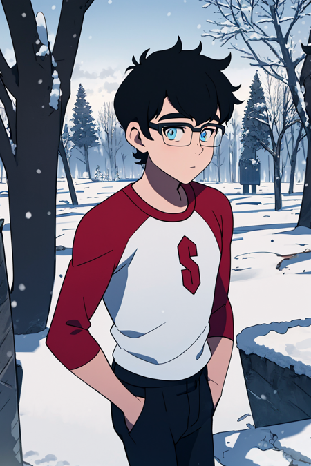 masterpiece, best quality, 1boy, black hair, short hair, blue eyes, glasses, shirt, raglan sleeves, pants, solo, upper body, looking at viewer, outdoors, winter, snow, trees, moutains in background <lora:YoungClark:1>