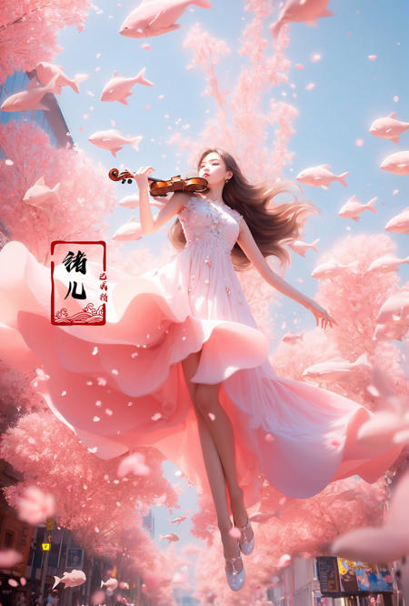 (A girl in a dress is in the air:1.3), playing a violin, (wide shot, wide-angle lens,Panoramic:1.2),super vista, super wide AngleLow Angle shooting, super wide lens, Castle backgroundPink fish
violinbare shoulderspetalspink dressfrom belowblurry foreground 
(full body:1.5),(long legs:1.3), 
<lora:~Q?-\ct4 violin:0.8>