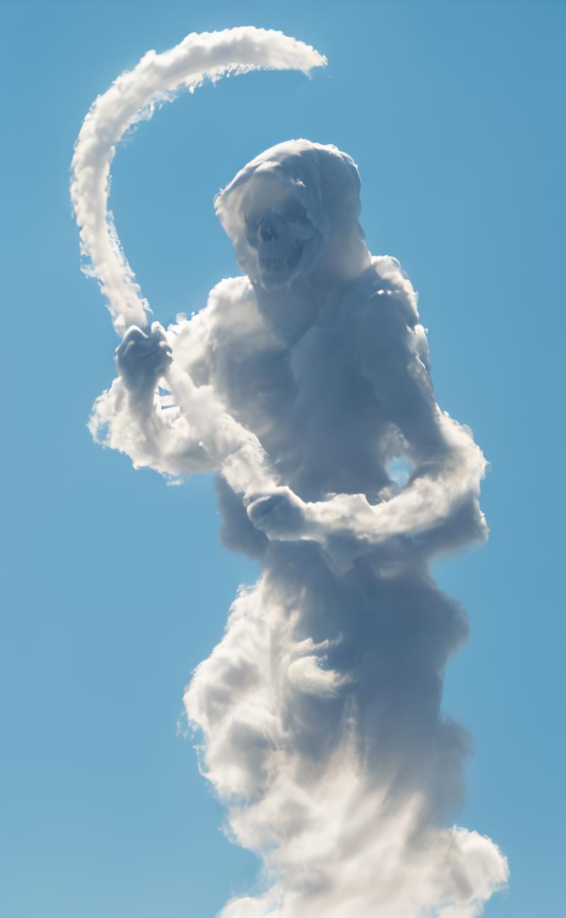 White Cloud Sculpture of a Skeleton Wielding a Sword in the Sky