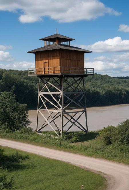 watchtower which is an aerial surveillance structure built between 1940 and 1942. the wooden building has an asphalt shingle cladding comprising a four-story square tower topped with a terrace and metal guardrail. Add three rectangular annexes to the building. backgound  plane  1942, Cululus river and clouds background