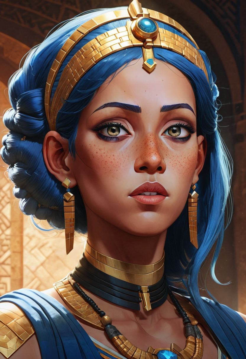 female pharao by Rossdraws, freckles, blue hair, watercolor painting by Wlop and Jan Vermeer, intricate, cinematic lighting, highly detailed, smooth, arcane, amazing beauty, complementary colors, dynamic masterwork by head of prompt engineering