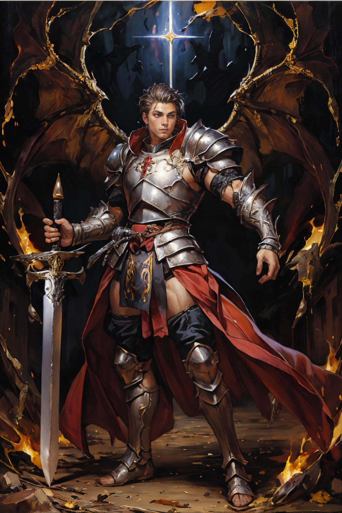 A fantasy illustration featuring a warrior in a red robe and silver armor, holding a sword and a shield.