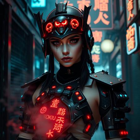 A photorealistic full-body vertical portrait of a fierce goth vampire samurai girl with pale skin and sharp, aggressive features, set in a dystopian Neo-Tokyo inspired by Blade Runner. She has intense goth makeup with heavy black eyeliner and dark eyeshadow, and a cold, defiant gaze. Her mengu mask is gothic and futuristic, with skull motifs, spiked edges, and glowing engravings in neon red and electric blue. Her samurai armor blends tribal and cyberpunk influences: black carbon fiber plates, crimson LED accents, turquoise circuitry, and angular, tech-enhanced design elements. She stands confidently in a rain-slick neon-lit alley, surrounded by holograms, mist, and glowing kanji signage. The atmosphere is dark, cinematic, grainy like 16mm film, and full of cyberpunk tension. No text or letters appear in the image.   The atmosphere is moody and cinematic, with soft bokeh, dramatic lighting, and a grainy 16mm film look. Highly detailed, rich in emo and goth influence, with no text or letters in the image.

Simulating Kodak Ektacolor Pro 160, with a custom white balance at 5500K. cinematic lighting, analog film, film grain, kodak chrome, cool cinematic tones,high contrast, sharp details, with moody lighting that adds depth,. (cinematic atmosphere:1.3), deep photo, depth of field, (black hair)), , (ambient occlusion), (cinematic lighting:1.3), (4K image quality:1.3), (sharp detail:1.3), (highly realistic:1.3), (dim warm cinematic lighting:1.3)
