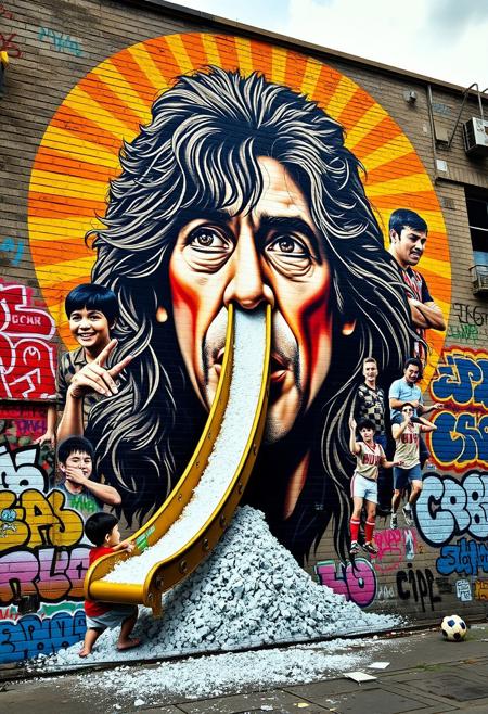 “A surreal and detailed mural of Diego Armando Maradona painted on a large urban brick wall, featuring multiple iconic moments of his career in a collage style. Maradona’s central figure is depicted with expressive eyes, his legendary long hair, and a radiant golden aura around his head symbolizing his legacy. From the nostrils of one prominent portrait, a 3D child slide emerges, winding down dramatically and covered in white powder, symbolically gathering in a pile on the floor. Around him, smaller depictions of his ‘Hand of God’ goal, his joyful celebrations, and a young Maradona playing in the streets of Buenos Aires are painted. The setting includes vivid graffiti tags and urban decay, creating a powerful mix of nostalgia and raw urban energy, with vibrant colors and symbolic contrasts highlighting his complex story.”