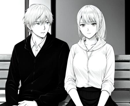 in the style of  <lora:marvin:0.45>, manga, monochrome, greyscale, woman with blonde hair in a ponytail wearing collared shirt, man with black hair wearing a hoodie, sitting on a bench park, manga panel