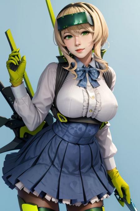 Lyudmila_N_Ignatova, 00000, GunslingerStratos, 1girl, solo, breasts, looking at viewer, bangs, skirt, blonde hair, shirt, gloves, long sleeves, ribbon, medium breasts, green eyes, standing, white shirt, weapon, sidelocks, cowboy shot, parted lips, collared shirt, twitter username, blue skirt, cosplay, neck ribbon, leaning forward, blue background, suspenders, blue ribbon, green background, high-waist skirt, underbust, suspender skirt, green gloves, head-mounted display
