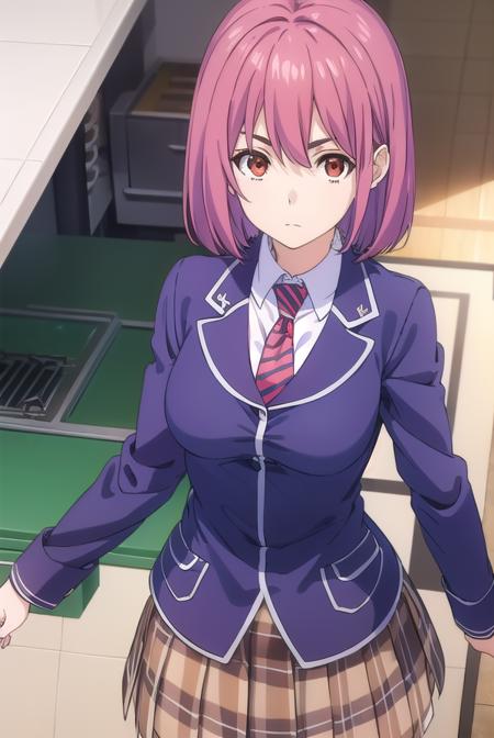 hisako arato, short hair, (red eyes:1.3), pink hair, skirt, school uniform, jacket, pleated skirt, necktie, striped, plaid, plaid skirt, blazer, striped necktie,