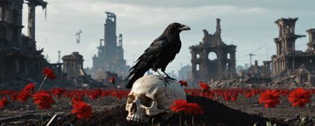 A crow stands on a skull buried in the soil, with a few red flowers next to it. The surrounding ruins are desolate, and the crow looks in the distance, which direction is the bustling cyberpunk city on one side,
8K Ultra HD, high detailed,intricate, elegant, highly detailed, artstation, concept art, smooth , illustration, high quality,