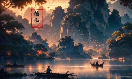 landscape, Guilin, China, iconic symbol of China's natural landscapes, Fishermen casting nets on the Li River with cormorant birds with a Cute girl touch, captured in the evocative style of the soft orange glow of the setting sun. A narrow alley on the right provides a glimpse of a tranquil garden filled with vividly blooming flowers. Ultra HD, 8K, with fine details, bringing the textures of the scene alive. Featuring: Lomography , Extreme wide portrait , 3D rendering , symmetrical composition , UHD , Wide angle lens,
Ink style, A shot with tensiondetailed backgroundDouble exposure,masterpiece, professional artwork, famous artwork,
<lora:~Q?-\ql4nY+:0.8>