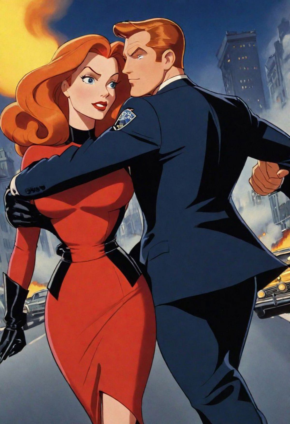 A cartoon drawing of a man and woman in a red dress and blue suit embracing each other on a street.