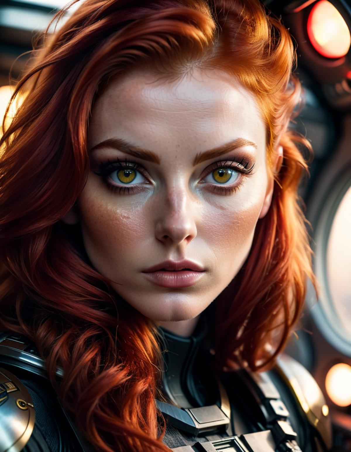 A close up of a red headed woman with yellow eyes.
