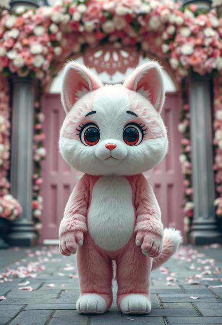a photorealistic image, 4K, absurdres, amazing quality, hires, Furry cat mascot costumed, plushy like, animal ears, big eyes, standing in front of gigantic gate that is made from flowers, pink and white fur, cute, anime, doll, kawaii,