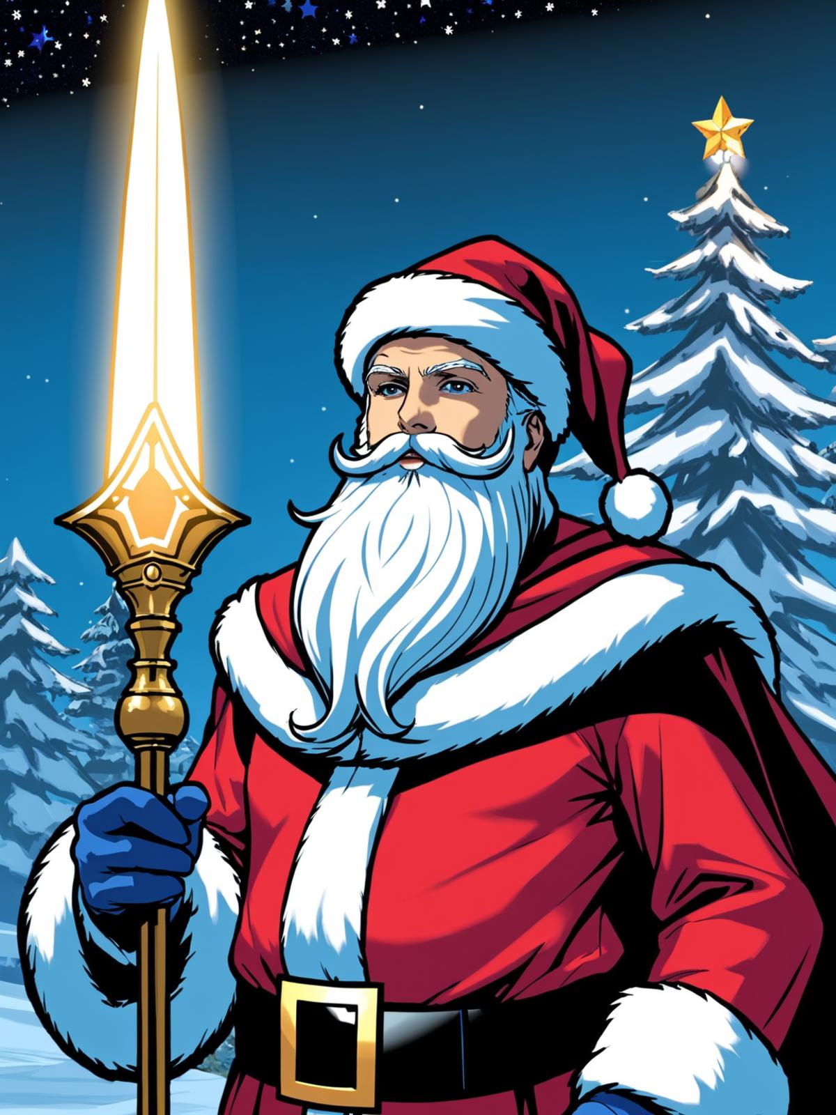 A cartoon Santa Claus holding a lighted staff.