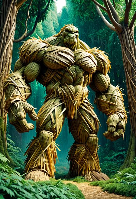 score_9,score_8_up,score_7_up, The image depicts a towering, muscular golem, seemingly composed of straw, entirely made of straw, standing majestically amidst a lush, verdant forest. Its form is robust and imposing, with broad shoulders and powerful limbs, intricately detailed with organic-like straw textures. the view emphasizing the grandeur of the forest guardian. The surrounding environment is in natural light, filtering through the dense canopy, creating a mystical and fantastical atmosphere.  <lora:1:1>