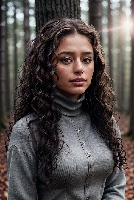 beautiful woman (Deb0r4G0m3s-420:.99), beautiful (curly hair:1.2), (autumn forest:1.1), elegant, autumn_leaves, leaves in wind, wind lift, natural skin texture, (fashionable trekking jacket), (turtleneck), sunset, cute smile, 24mm, 4k textures, soft cinematic light, adobe lightroom, photolab, hdr, intricate, elegant, highly detailed, sharp focus, ((((cinematic look)))), soothing tones, insane details, intricate details, hyperdetailed, low contrast, soft cinematic light, exposure blend, hdr, faded,