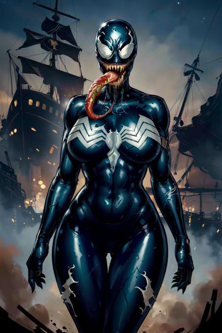 (masterpiece, best quality, ultra detailed, absurdres)1.5, 1girl, (sexy, beautiful woman, perfect face, perfect eyes, perfect female body, huge breasts)1.5,
(CARTOON_MARVEL_she_venom_ownwaifu, www.ownwaifu.com, 
symbiote,  breasts, teeth, sharp teeth, tongue, long tongue, tongue out, large breasts, curvy, narrow waist, tall female, thick thighs, muscular female, thigh gap, 
bodysuit, skin tight, superhero, monster girl, silk, latex, black bodysuit, covered navel, mask, no eyes, shiny, cameltoe, 
<lora:CARTOON_MARVEL_she_venom_ownwaifu-15:0.7> ),
(standing, outdoors, pirate ship, night sky), perfect lighting, smooth, hdr