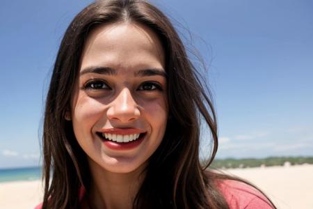 closeup of a face of a happy satisfeid woman with a thankful smile, sweaty, exhausted