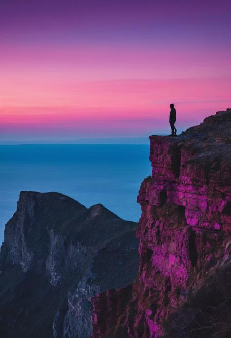 Gradient Sky and Standing Silhouette: Shoot with a Sony A7 III and a 50mm f/1.8 lens. Frame an alien cliffside landscape with a sky that features a seamless gradient from a vivid magenta to a deep azure. Include a small silhouette figure on the cliff, creating a striking contrast against the fantastical gradient sky.