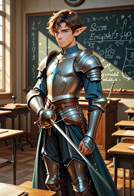 score_9_up, score_8_up, score_7_up, score_6_up. masterpiece, best quality, good quality, very aesthetic, absurdres, semirealism, RapierXL, fantasy, 8K, depth of field, focused subject, Elf knight:1.3, 19yo male, androgynous, pointed ears, short brown hair, male haircut, blue eyes, wearing detailed armor, knight's armor, standing, holding sword, rapier, weapon, blue glowing sword,  indoors, chalkboard, classroom, podium, school desks,