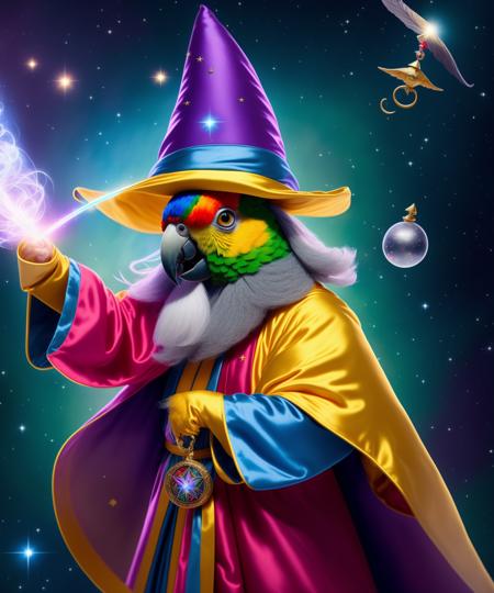 a tiny parrot with a long grey beard wearing a wizard hat, robes and wand flying through space at light speed, hypermaximalist