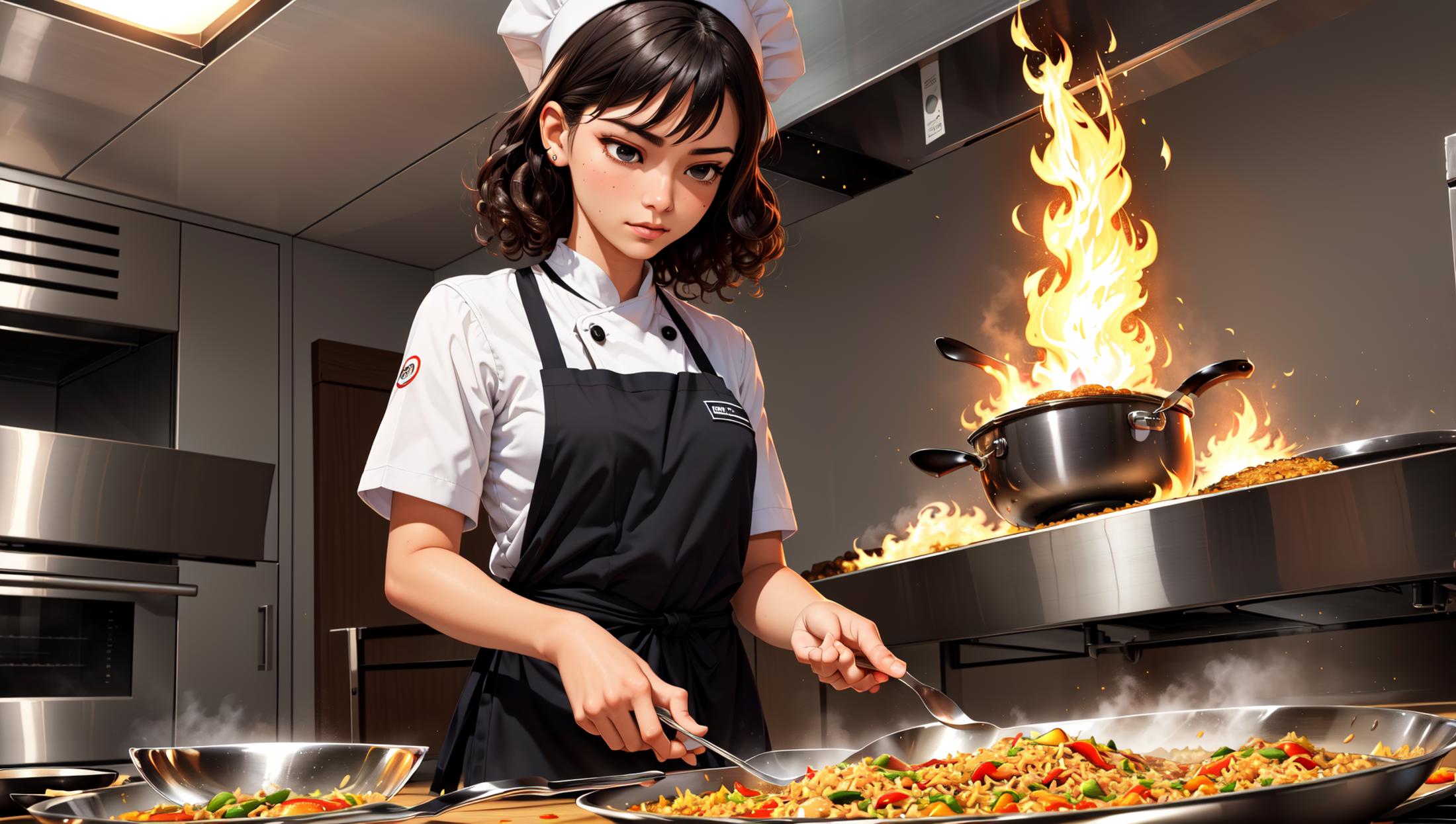 A 3D animated chef is cooking in a kitchen, stirring food in a wok.