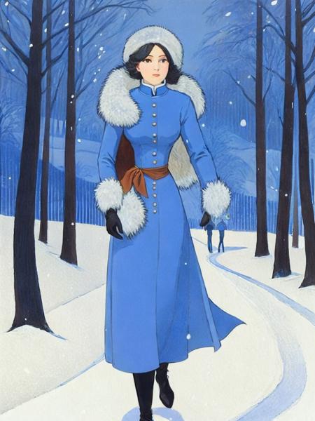 <lora:IvanBilibin:1>a painting of a woman in a blue dress and fur hat walking through the snow by Ivan Bilibin