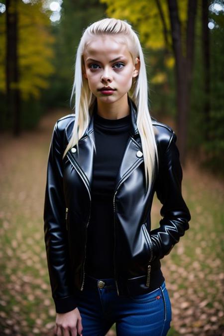 eighteen year old girl wearing a black leather jacket and black zip up sweater, realistic, analog photo, masterpiece, trending on artstation,