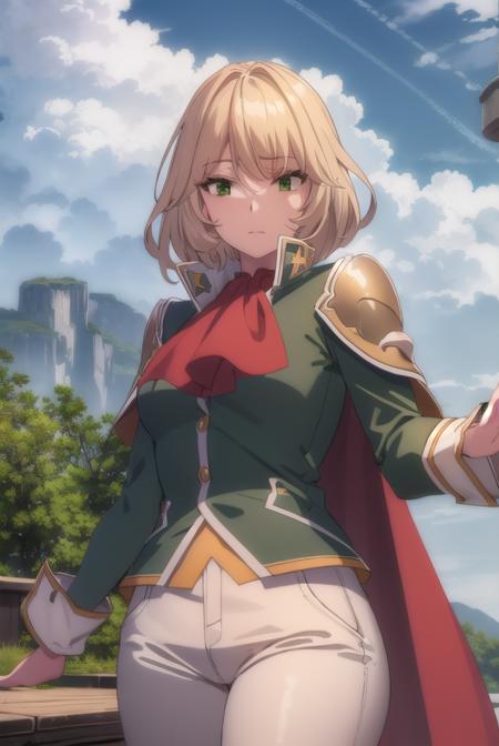 healerblade, <lora:healer blade s1-lora-nochekaiser:1>,
blade, blonde hair, (green eyes:1.5), short hair, hair between eyes,
BREAK long sleeves, pants, cape, uniform, military, ascot, white pants,
BREAK outdoors, forest, nature, trees, grass, sun, sky, clouds,
BREAK looking at viewer, (cowboy shot:1.5),
BREAK <lyco:GoodHands-beta2:1>, (masterpiece:1.2), best quality, high resolution, unity 8k wallpaper, (illustration:0.8), (beautiful detailed eyes:1.6), extremely detailed face, perfect lighting, extremely detailed CG, (perfect hands, perfect anatomy),