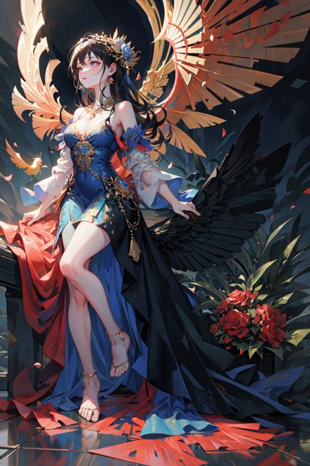 (RAW photo, best quality), (realistic, photo-realistic:1.3), masterpiece, hyper detail, intricate details, CG, unity, 2k wallpaper, Amazing, dramatic light,  Phoenix dress, 1girl, blue dress, lace trim, fullbody, long shot, bare foot, solo, flower,  jewelry, hair ornament, necklace, wings, bare shoulders,  black hair, bird, rose  <lora:phoenixdressV.2-0000010:0.7>